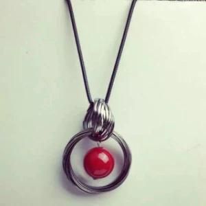 Fashion Long Cord Necklace Red Ball Metal Circle Pendant Necklace