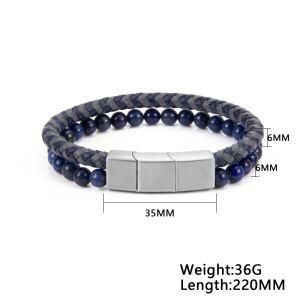 Fashion Stainless Steel Accessory Blue Natural Stone Men Weave &#160; Leather Bracelet&#160;