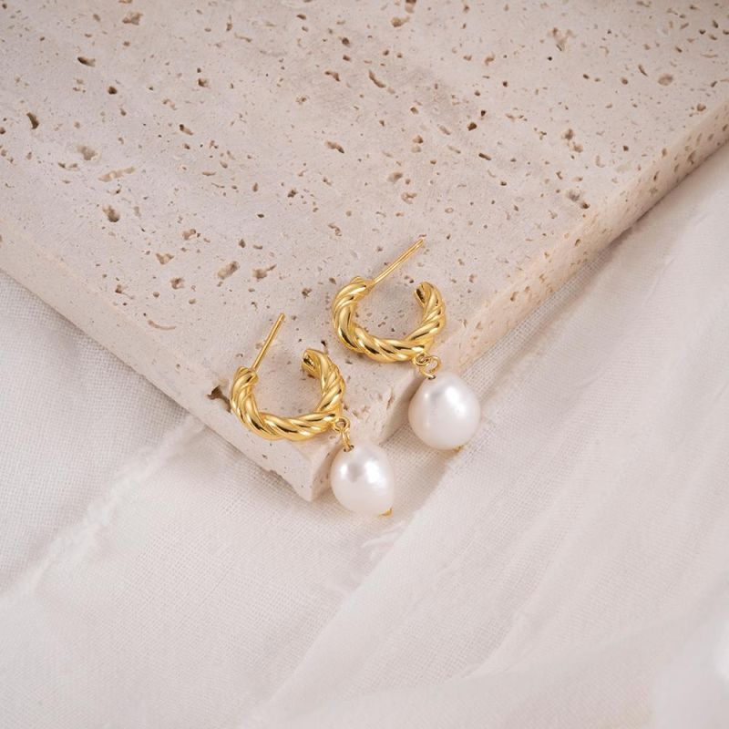 New Fashion 18K Gold Plated Drop Earing Jewelry 925 Sterling Silver Irregular Freshwater Baroque Pearls Hoop Earrings for Women