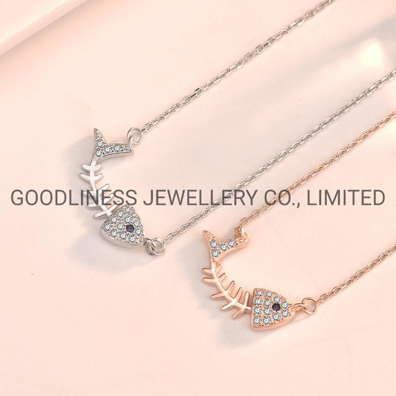 925 Sterling Silver Fish Bone CZ Necklace Fine Jewelry