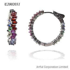 Fashion Hoop Earring with Multi Color in Rhodium Plated