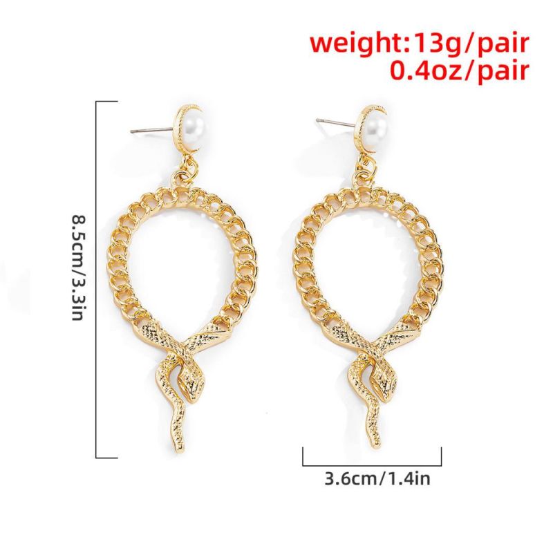 Fashion Metal Chain Snake Earrings Retro Fashion Geometric Circle Imitation Pearl Earrings