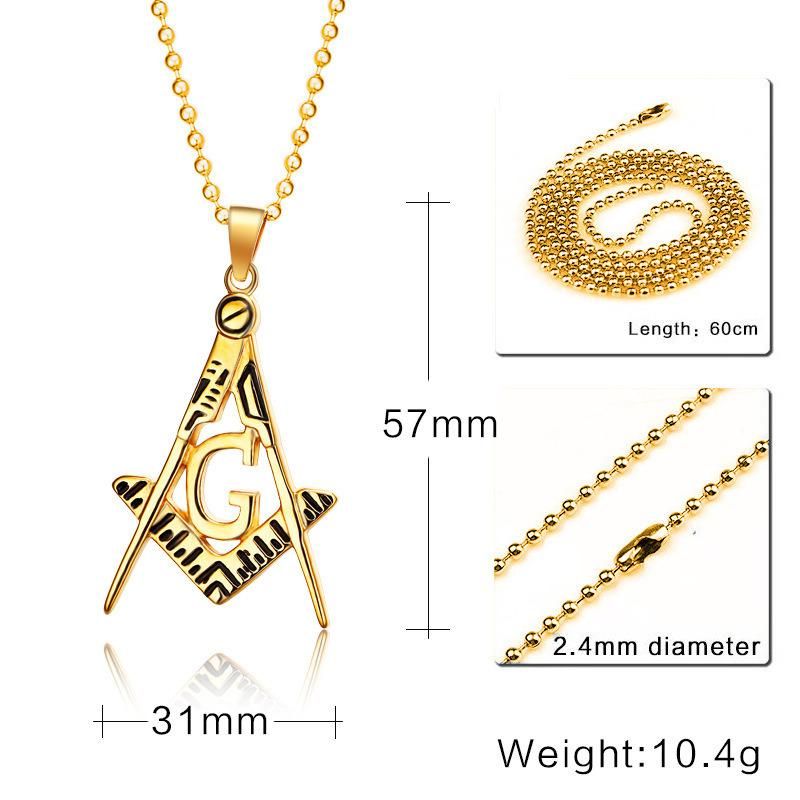 316 L Stainless Steel Men Gold Color Hip Hop Masonic Pendant Necklace with 60cm Cuban Link Chain Necklaces