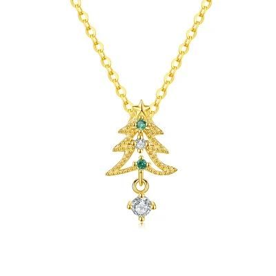 925 Sterling Silver 14K Gold Plated Christmas Tree Pendant Necklace Women Color Crystals Christmas Jewelry