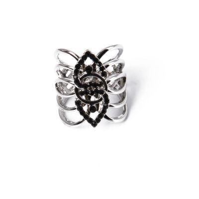 Large Diameter Fashion Jewelry Silver Ring with Black Rhinestone