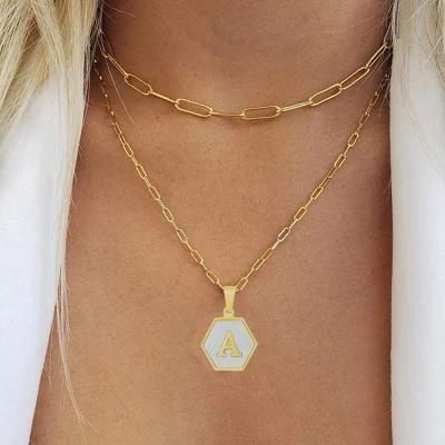 Women Gold Plated Letter Alphabet Square Plate Initial Link Chain Stainless Steel 3 Layered Necklace