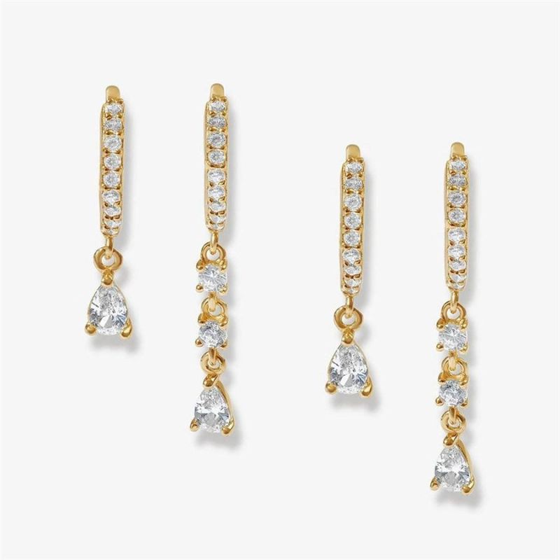 Fashion Brass Drop Crystal Cubic Stone Huggie Hoop Earrings 2 Pairs Chain Earring Set in 14K Gold Plated Wedding Engagement Clip Drop Earrings for Women