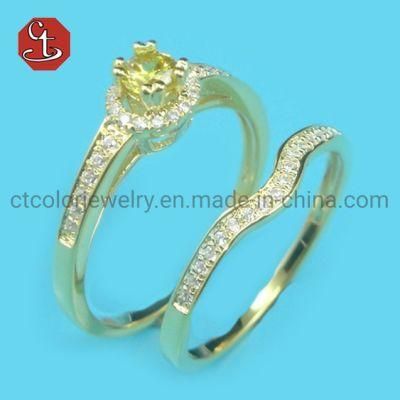 Classical 925 Sterling Silver Ring in Gold Plating with White Round CZ Wedding Couple Ring