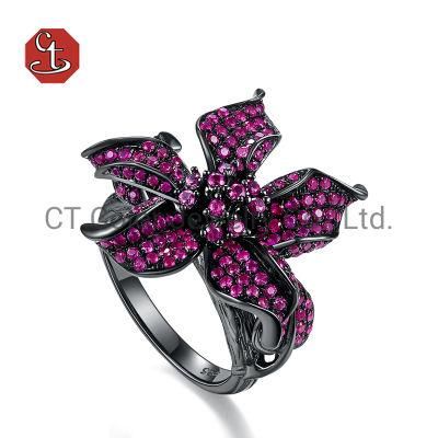 Fashion Black Ring Pink Flower design Silver Ring 925 Silver Jewelry Diamond Ring