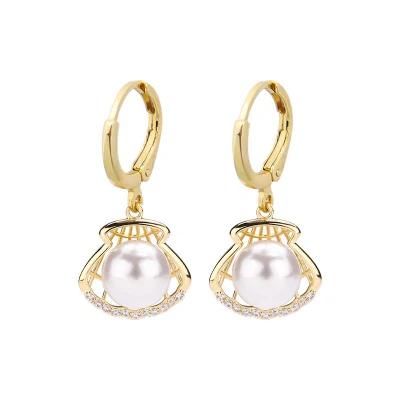 Enew Arrival Handmade 18K Gold Plated Alloy Shell Dangling Drop Huggie Earrings with Crystal Glass and Big Pearl for Women