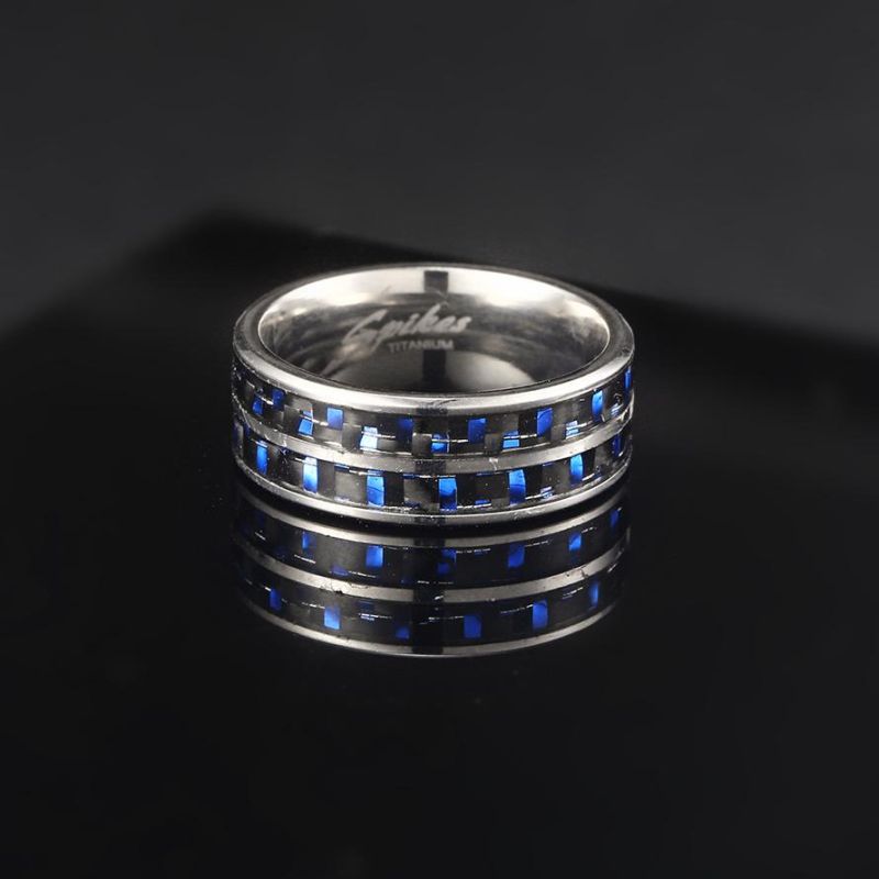 Black Blue Carbon Fiber Inlay Fits Comfortably on a Stainless Steel Ring for Men′s Wedding Rings