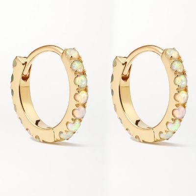 Fine Jewelry 925 Silver Earrings 18K Gold Plated Opal Huggie Hoop Earrings for Women