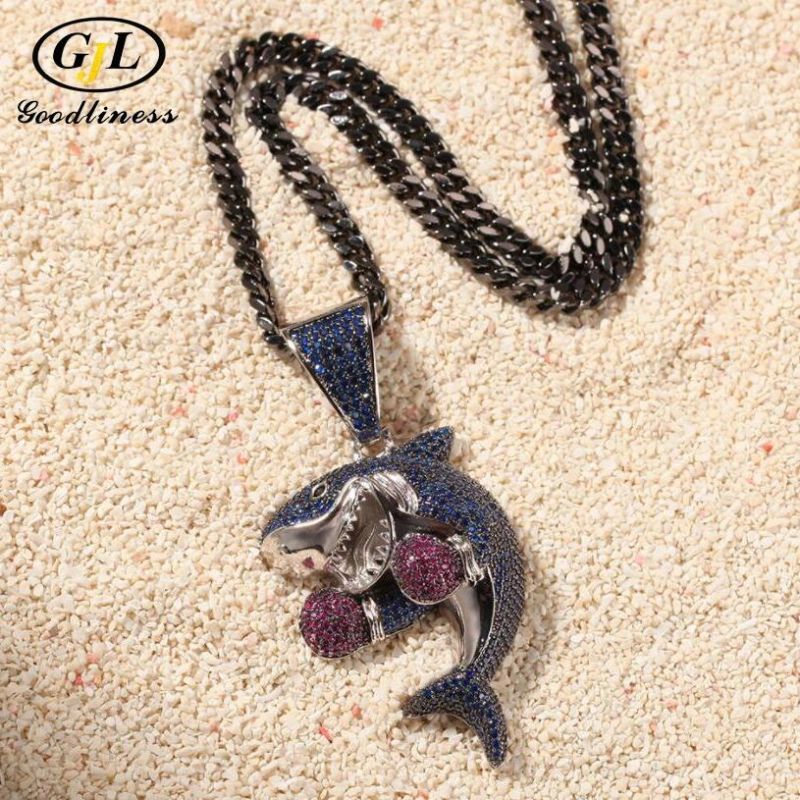 Fashion Hip Hop Jewelry Boxingsharkpendant Blue Zircon Necklace Pendant