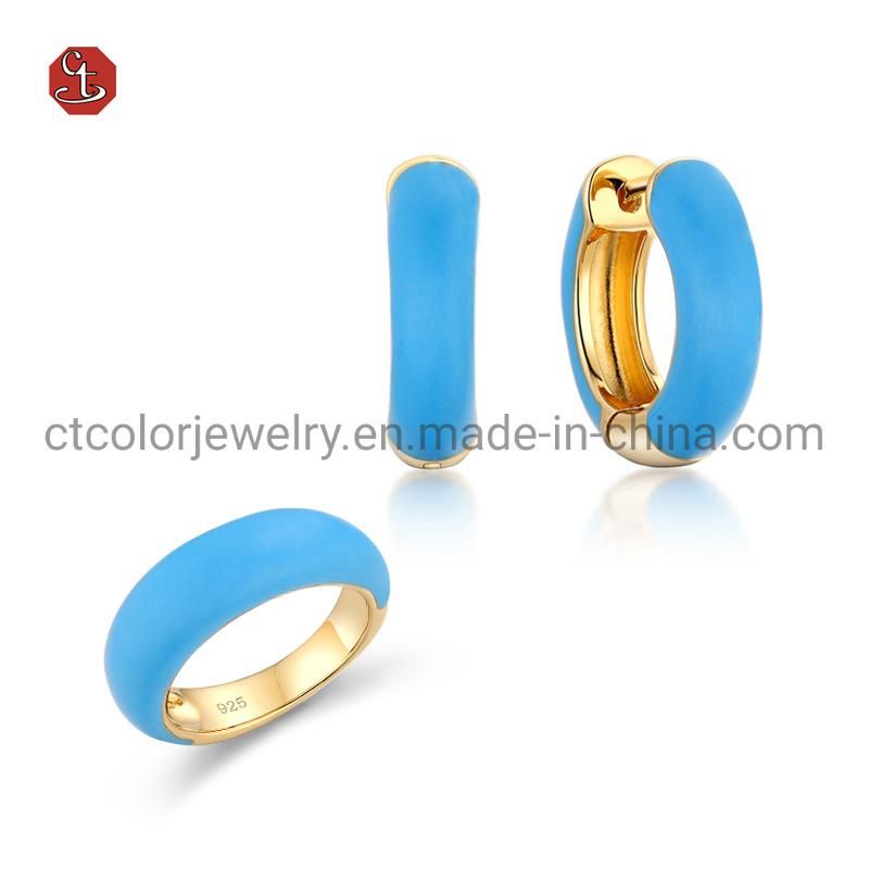 14K 18K Gold Plated Jewelry Ring Sterling Silver Blue Color Enamel Ring