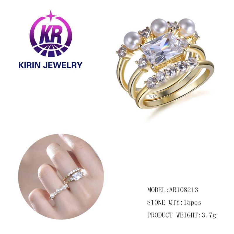 Fashion Wholesale American Gold Cubic Zirconia Rings Luxury Pearl Rings Finger Ring Set for Women