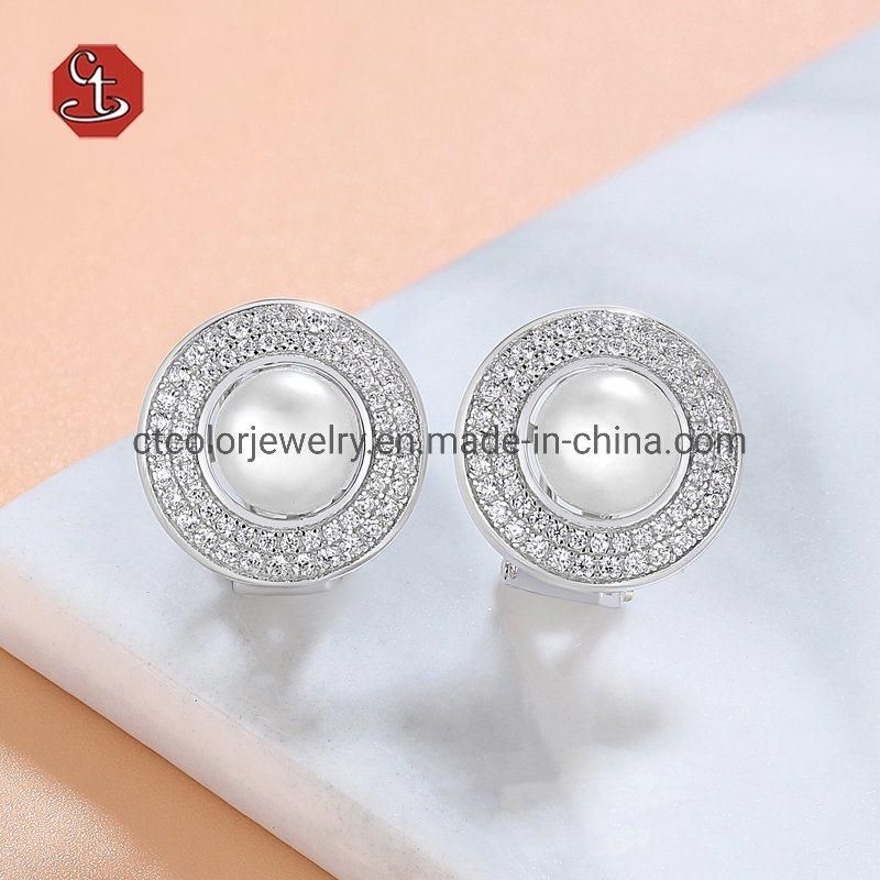 Fashion jewelry 925 silver nature pearl white CZ omega handmake black plated earrings