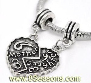 Silver Tone &quot;Mother &amp; Daughter&quot; Heart Charm Dangle Beads Fit European Charm 39x25mm (B12255)