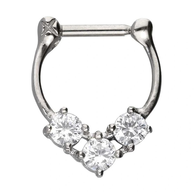 Surgical Stainless Steel Jewelry Body Piercing Septum Ring Nose Ring Earring 3 Crystals