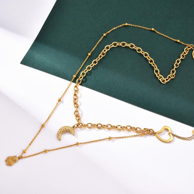 Gold Plated 47cm Beaded Chain and Curb Chain Layer Necklace with Pendant