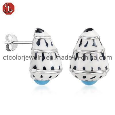 Fashion Jewelry for Women 925 Silver and Brass Enamel Black and white shells Charm Stud Earrings