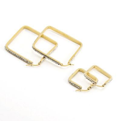 Custom Stainless Steel Women Elegant Jewelry 18K Gold Plated Big Geometric Square Diamond Hooped Earrings