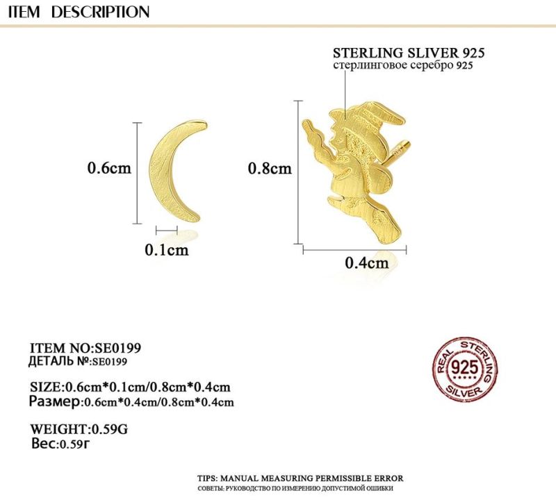 Sterling Silver Jewelry Pinocchio and Moon Shape Ear Studs
