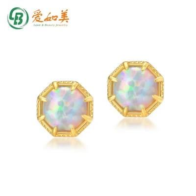 New Stylish Octagon Shape Stud Earrings Custom Yellow Gold Plating Synthetic Opal Stone Earrings