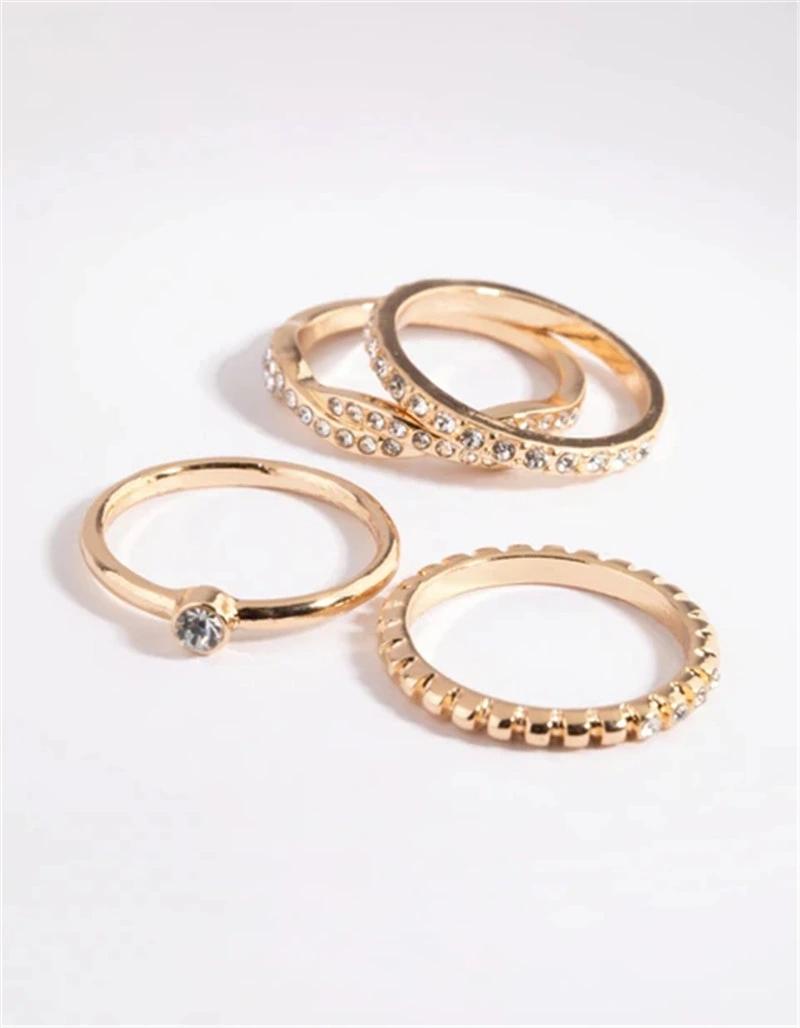 18K Gold Plated Chunky Multiple Rings Diamante Ring Pack