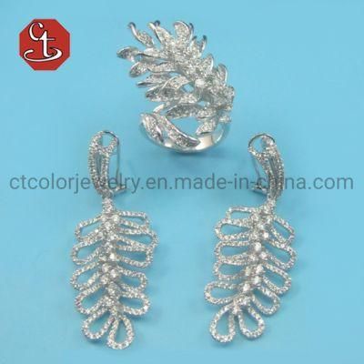 Charm Cubic Zircon Jewelry Sets Big Long Micro Paved Fashion Jewelry Cubic Zircon Leaf Drop Earrings Ring
