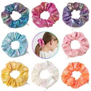 Wholesale Fashion Shiny Satin Scrunchies with Hidden Zipper Pocket Fashion Gradient Color Satin Pocket Scrunchie