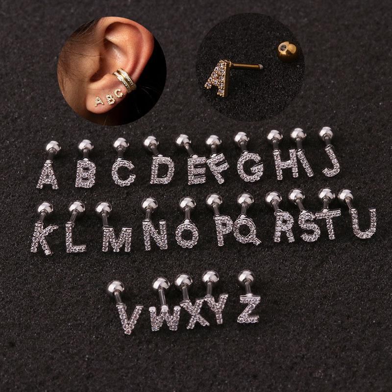 Stainless Steel Alphabet Letter Earrings Stud with 18K Gold Plated and Silver Colour, Cubic Zirconia Jewelry for Women Girls