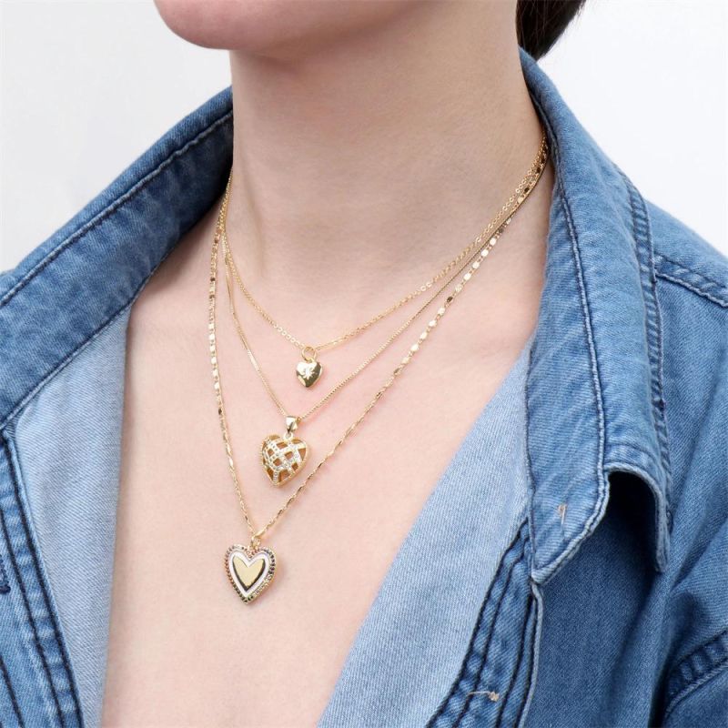 2022 Wholesale Three Layers New Fashion Trendy Girl Personalized Gold Plated Chain Heart Pendant Women′s Necklace