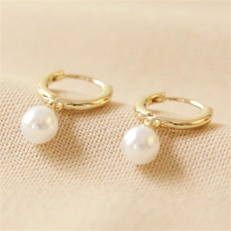 Organic Shape Glass Pearl Huggie Hoop Earrings in Gold for Women Girls Fashion Jewelry