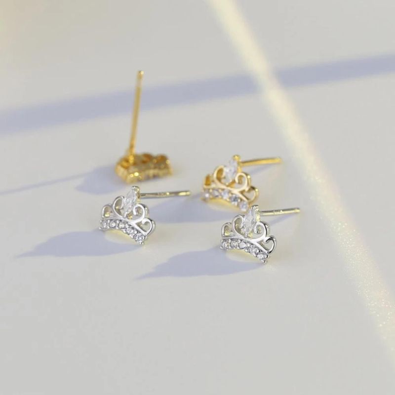 Simple Zircon Crown Stud Earrings Real 925 Sterling Silver for Women Classic Temperament Girls Jewelry Gift