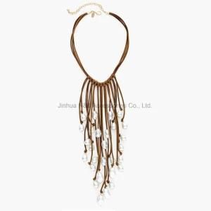 Handmade Leather Long Necklace White Freshwater Pearl with Fashion Jewelry