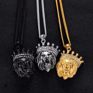 Stainless Steel Diamond Crown Lion Head Pendant Necklace