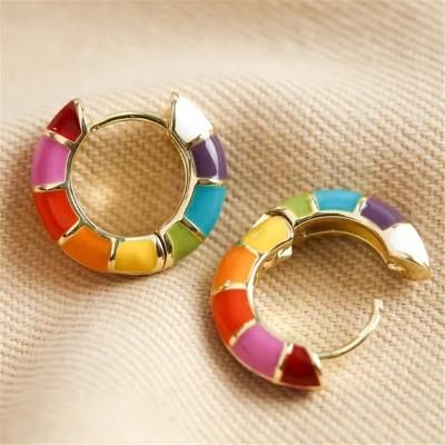 Rainbow Geometric Enamel Hoop Earrings in Gold