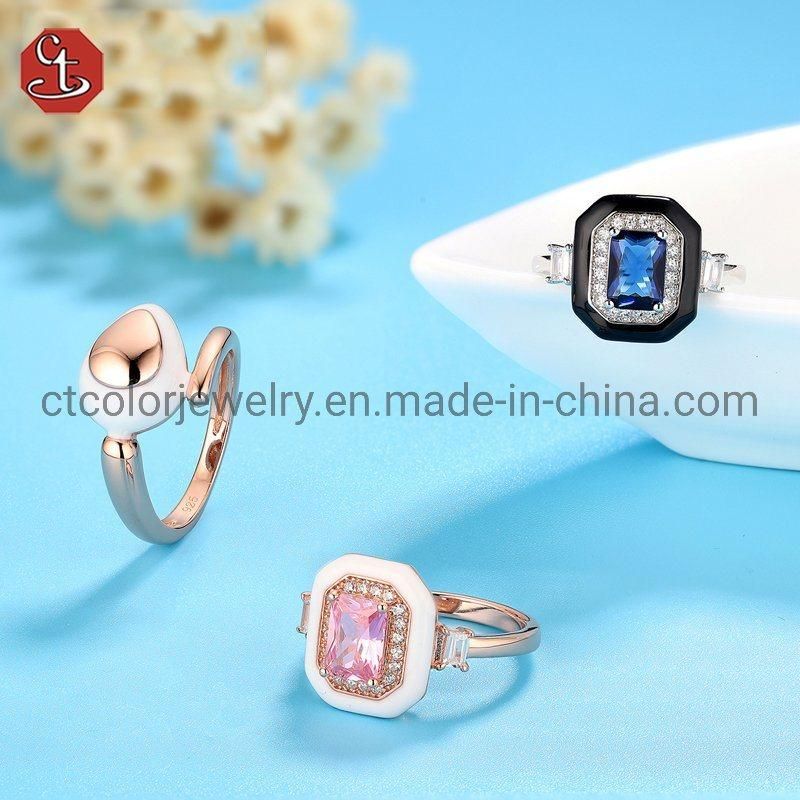 Big Luxury Jewelry trendy 925 silver Enamel shaped squar Ring