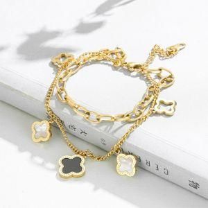 Manufacturer Four-Leaf Clover Double Layer Charm Chain Bracelet Stainless Steel Bracelet Woman, Gold Jewelry, Hematite Bracelet