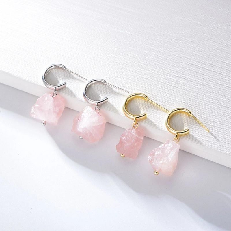 Fashion 925 Sterling Silver Natural Gems Stone Rose Quartz Stud Earrings