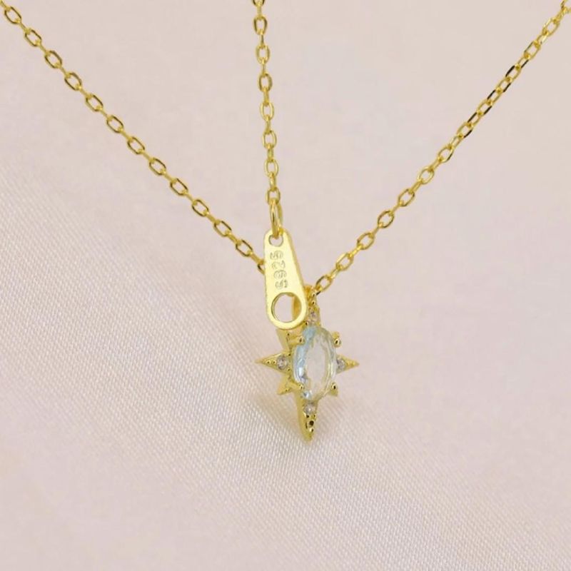925 Sterling Silver Pendant Star with Blue Oval Zircon Gold Plated Necklace for Women Fashion Jewelry