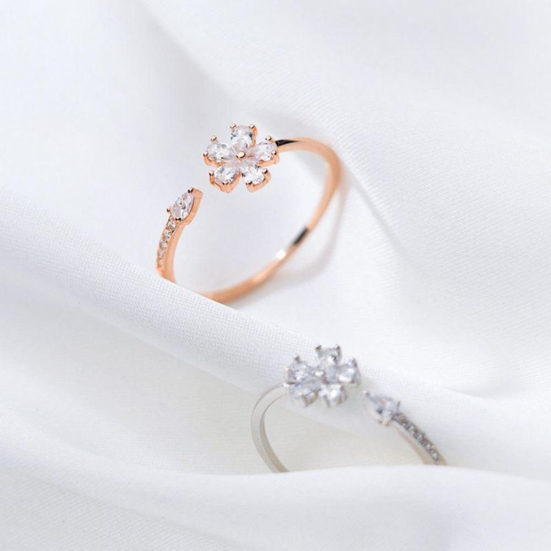 925 Sterling Silver Ring Flower with Zircon Adjustable Finger Ring Women Fashion Wedding Party Jewelry Gift