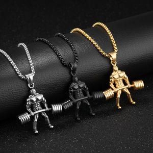 Gold Plated Stainless Steel Hercules Weightlifting Pendant Necklace