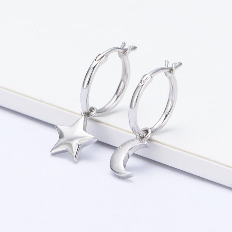 Pure 925 Sterling Silver Gold Plated Moon and Star Charm Huggie Earrings