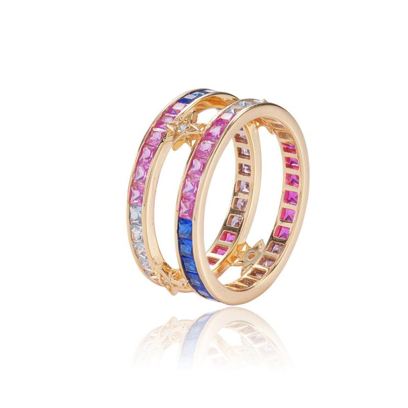 Rainbow Crystal Multi Color Zircon CZ Ring S925 Baguette Ring 925 Sterling Silver Ring Two Row Rainbow Eternity Rings for Women