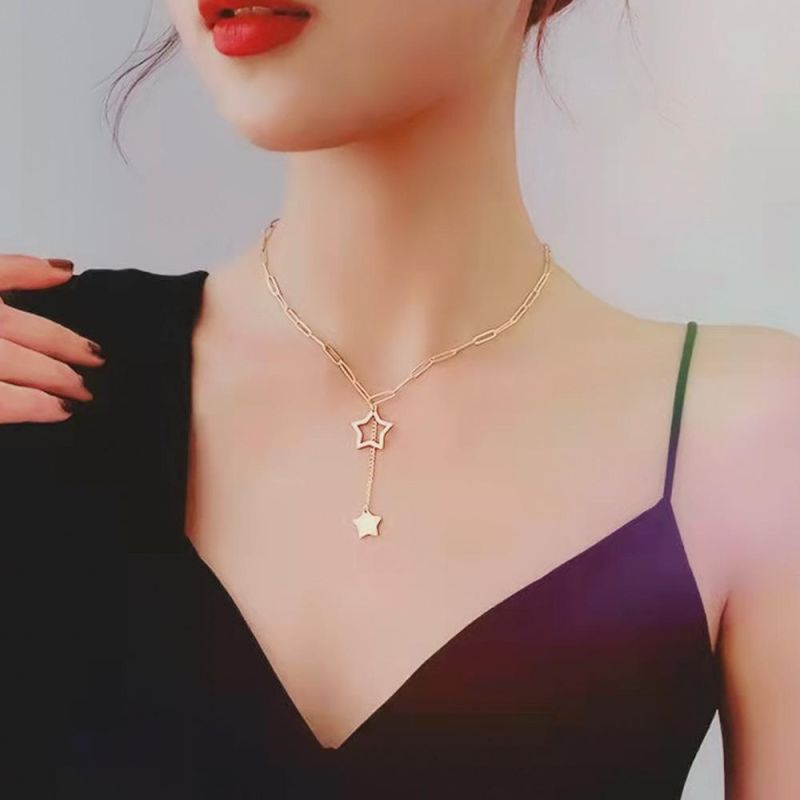 316L Stainless Steel Fashion Fine Jewelry Hollow Double Stars Tassel Charms Thick Chain Choker Necklaces Pendants for Women Gift Dropshipping Wholesale