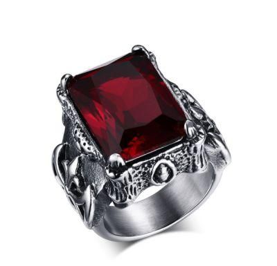 Vintage Punk Gothic Red Zircon Men&prime; S Titanium Steel Cast Ring