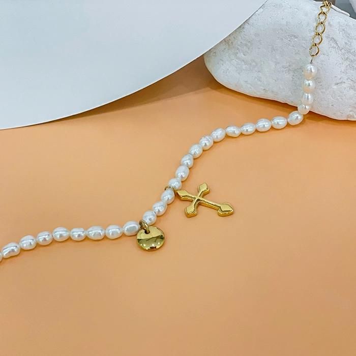 New Arrival 18K PVD Gold Plated Stainless Steel Cross Pendant Pearl Charming Necklace for Lady