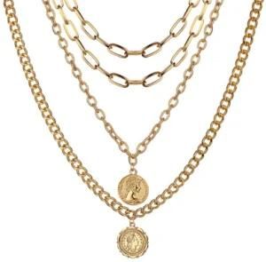 Stainless Steel Gold Plated Multi Layer Thick Chain Necklace Coin Avatar Pendant Necklace Jewelry Women