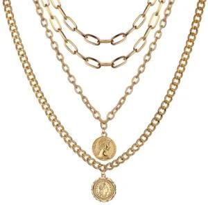 Stainless Steel Gold Plated Multi Layer Thick Chain Necklace Coin Avatar Pendant Necklace Jewelry Women